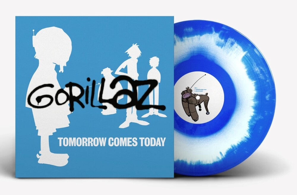 the album cover for Gorillaz - Tomorrow Comes Today EP -  [white and blue color-in-color 12in vinyl / 4-track EP]